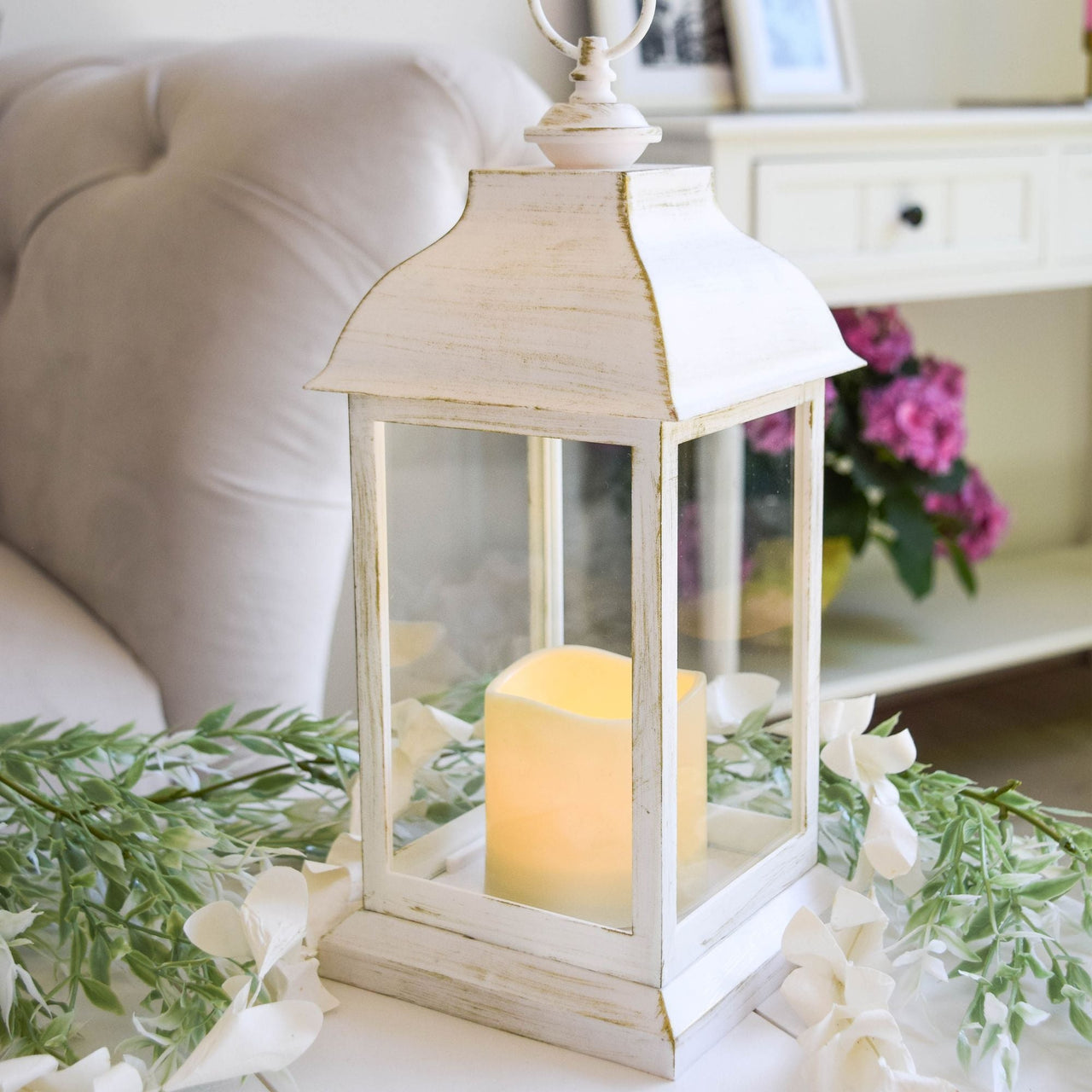 LED Vintage Decorative Distressed White Lantern - Manchester - Main Image | My Wedding Favors