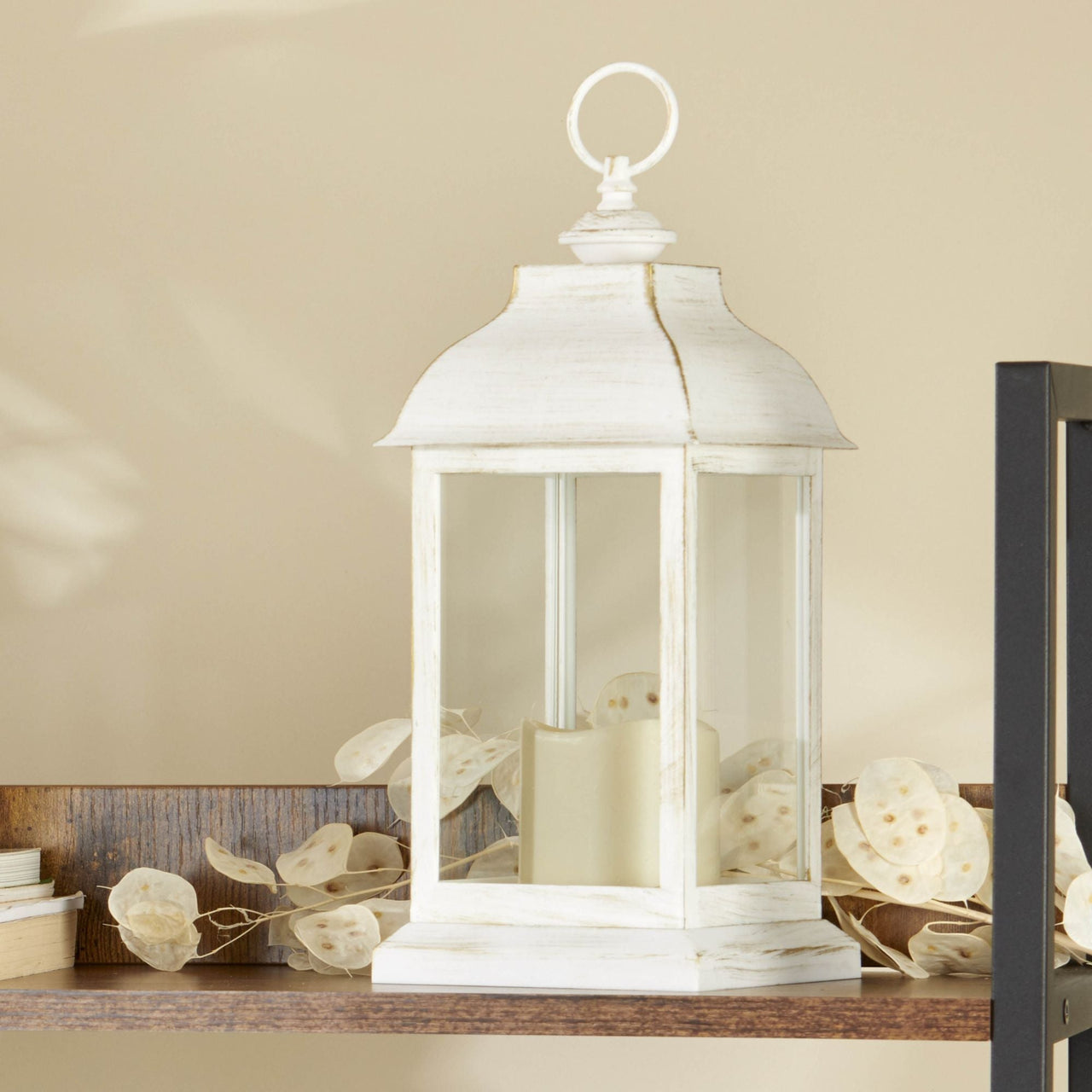 LED Vintage Decorative Distressed White Lantern - Manchester - Alternate Image 2 | My Wedding Favors