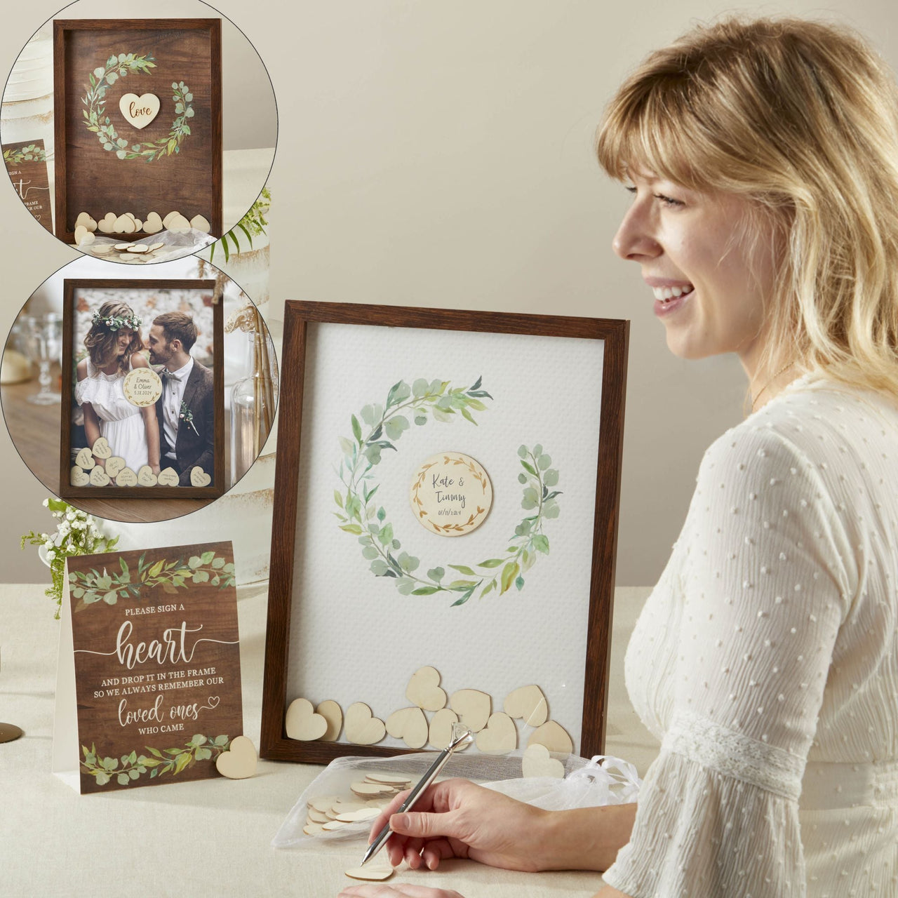 thumbnail image 2 of Wooden Picture Frame Guest Book Alternative – With 90+ Signing Hearts, For Weddings, Baby Showers, Parties 2 of 9