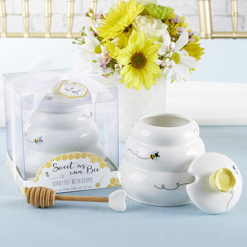 Sweet as Can Bee Ceramic Honey Pot with Wooden Dipper - Large - Main Image | My Wedding Favors