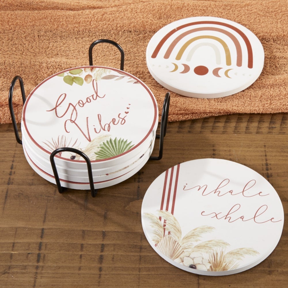 Boho Ceramic Coaster with Holder (Set of 6) - Main Image | My Wedding Favors