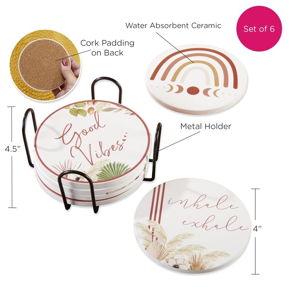 Boho Ceramic Coaster with Holder (Set of 6) - Alternate Image 6 | My Wedding Favors