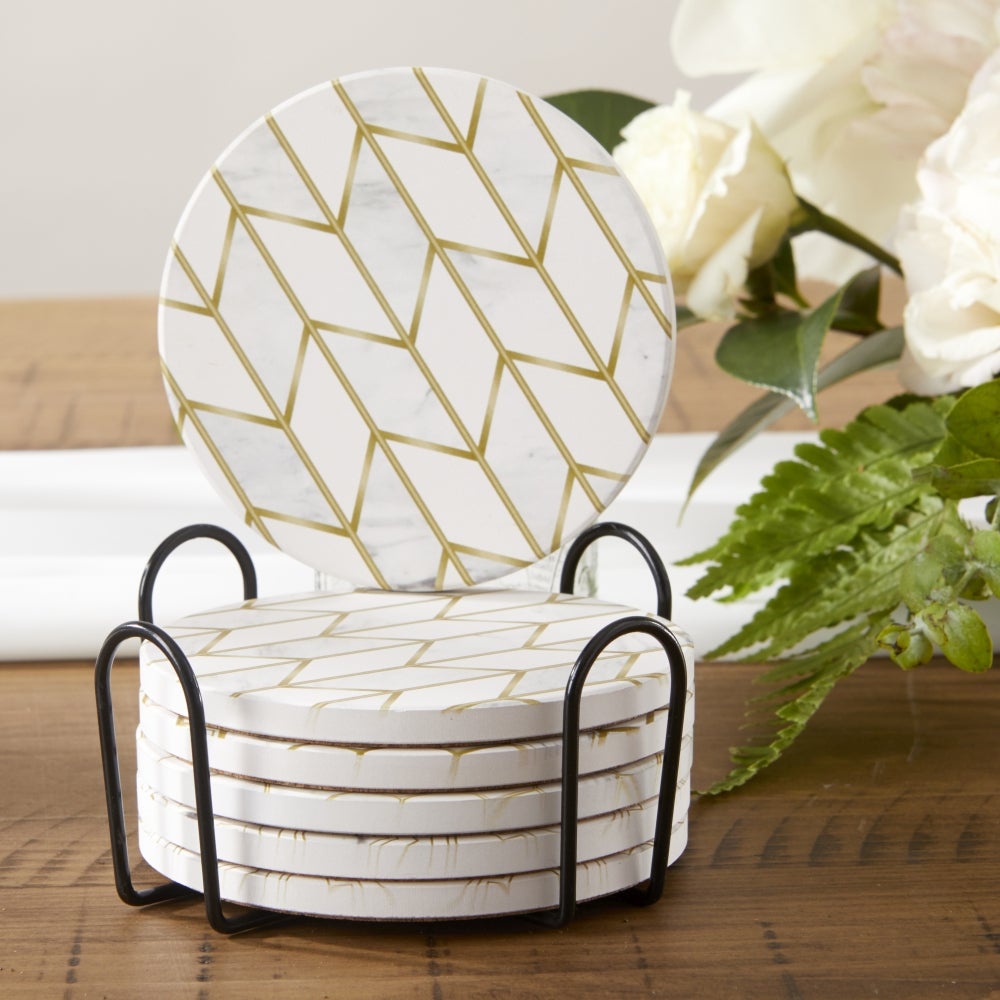 Modern Geo Ceramic Coaster with Holder (Set of 6) - Main Image | My Wedding Favors