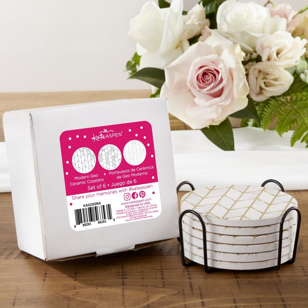 Modern Geo Ceramic Coaster with Holder (Set of 6) - Alternate Image 5 | My Wedding Favors