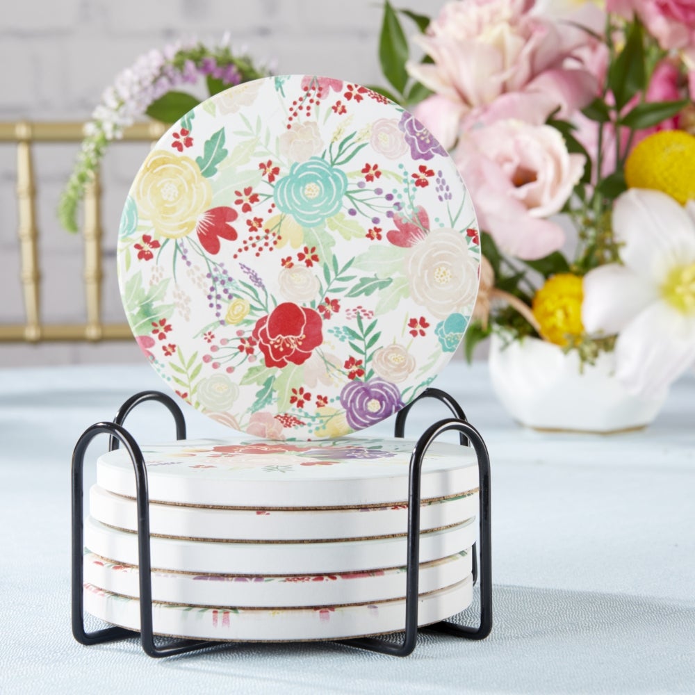 Garden Blooms Ceramic Coaster with Holder (Set of 6) - Alternate Image 2 | My Wedding Favors