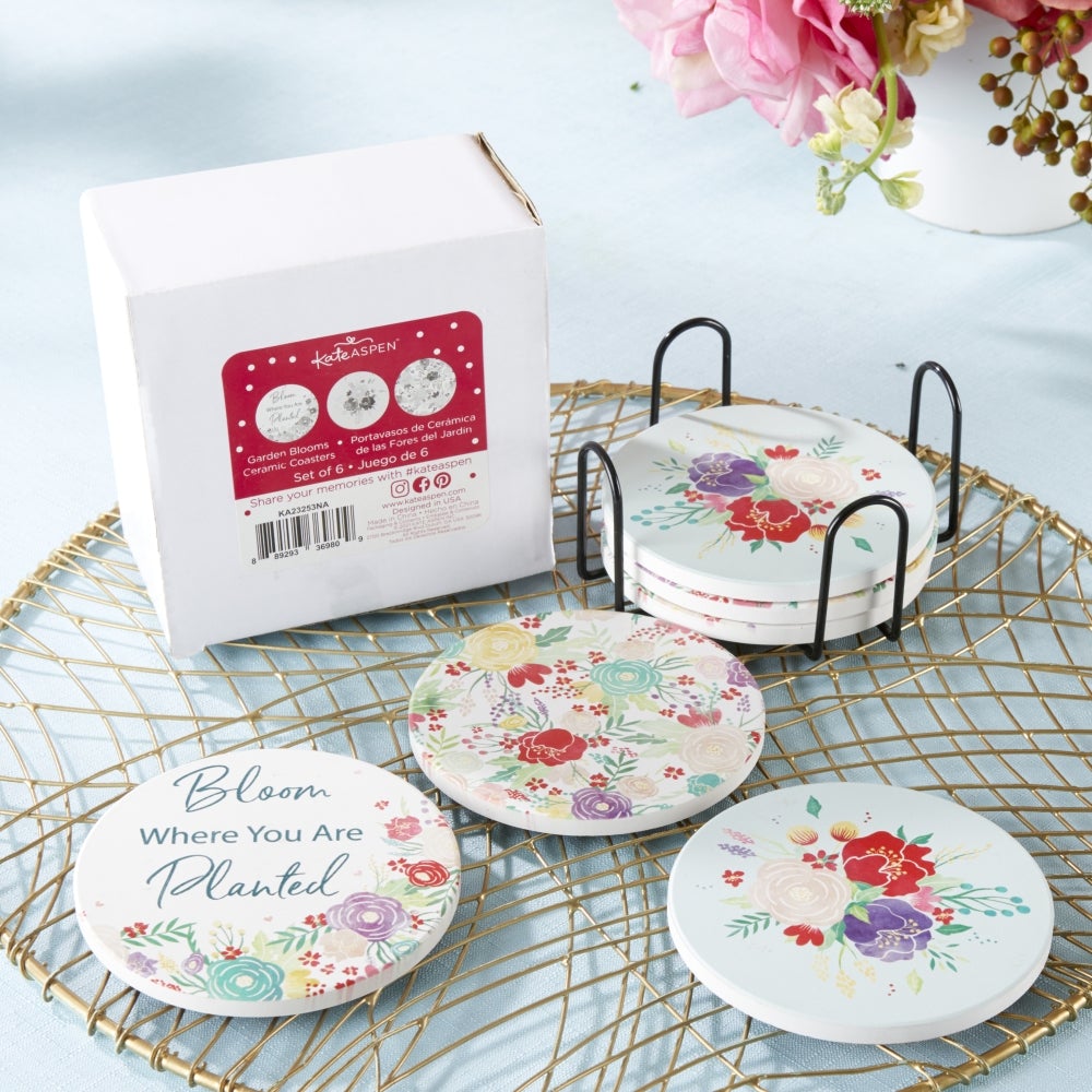 Garden Blooms Ceramic Coaster with Holder (Set of 6) - Alternate Image 5 | My Wedding Favors