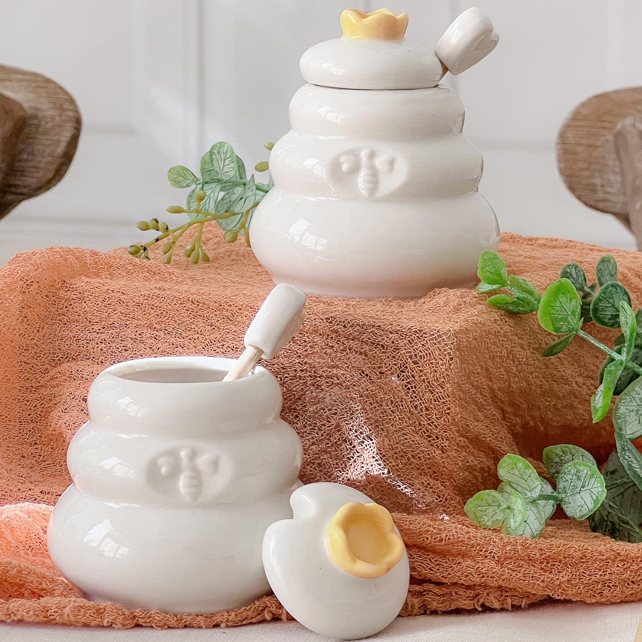 Bee Hive Ceramic Mini Honey Jar & Dipper Set (Set of 2) - Main Image | My Wedding Favors