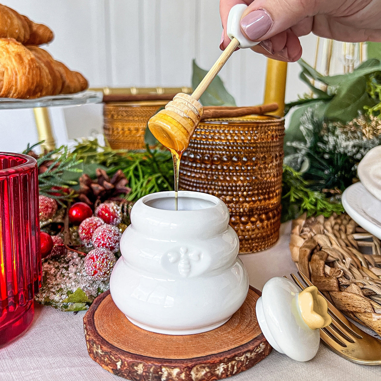 Bee Hive Ceramic Mini Honey Jar & Dipper Set (Set of 2) - Alternate Image 4 | My Wedding Favors