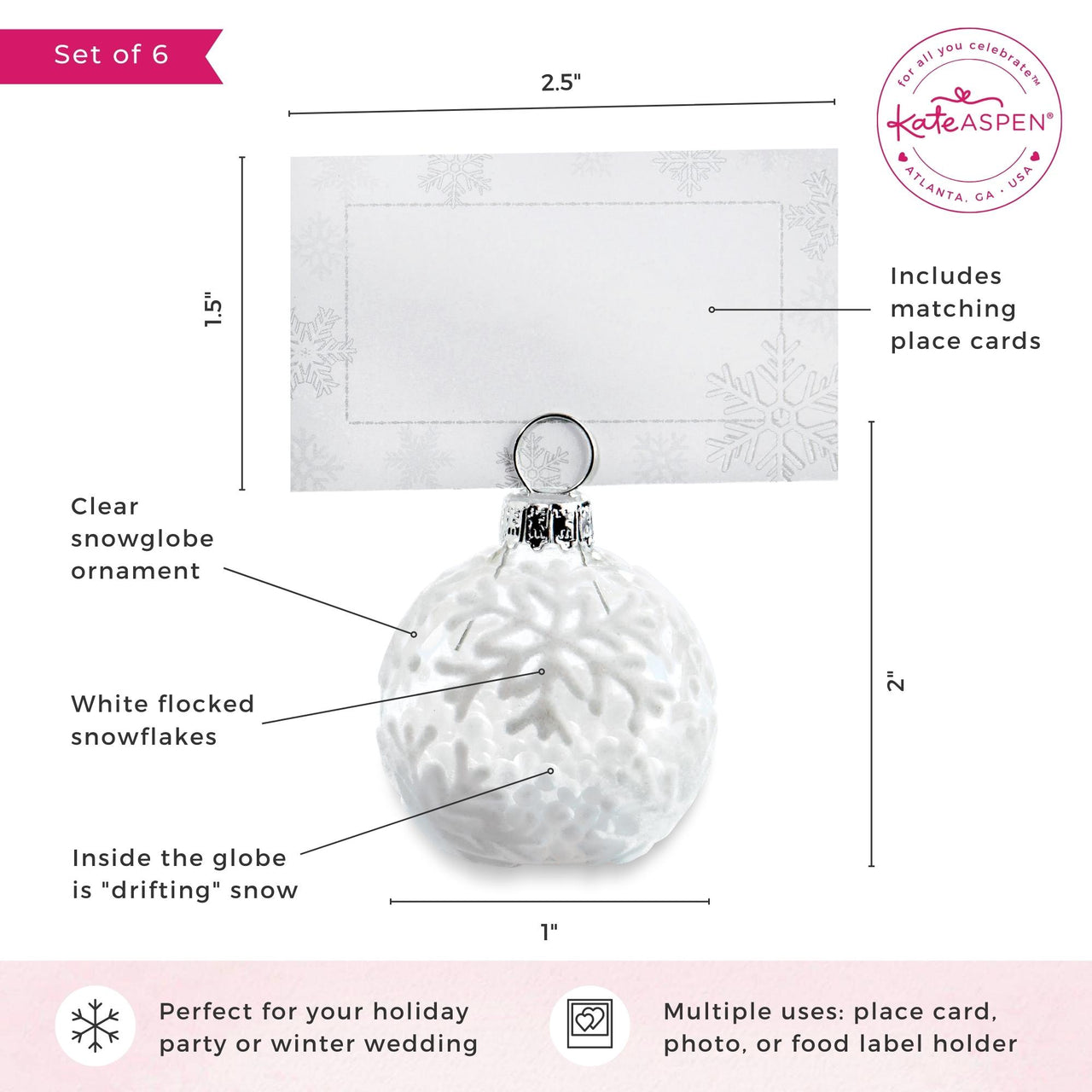 Holiday Ornament Place Card and Photo Holder Favor (Set of 6)