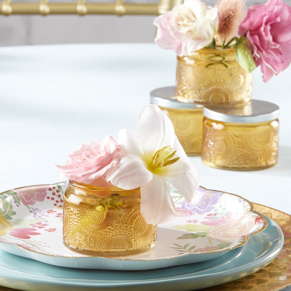 Garden Blooms Glass Tea Light Holder - Amber (Set of 4) - Alternate Image 3 | My Wedding Favors