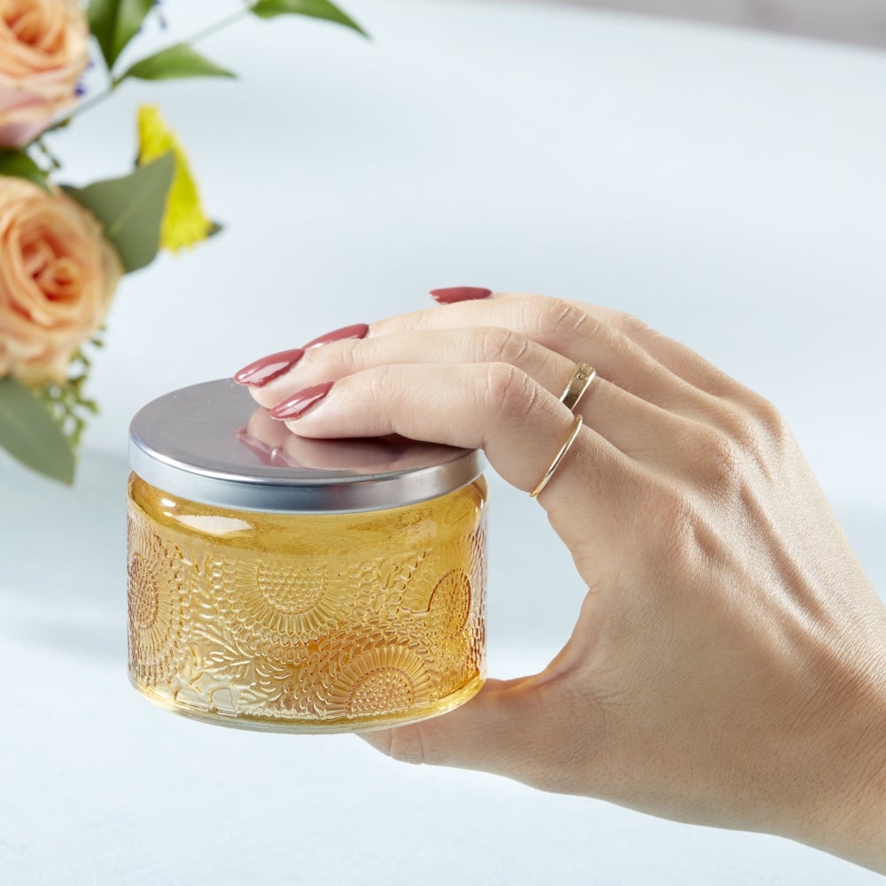 Garden Blooms Glass Tea Light Holder - Amber (Set of 4) - Alternate Image 5 | My Wedding Favors