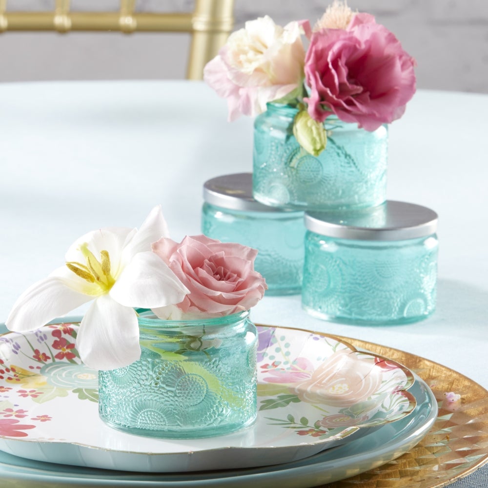 Garden Blooms Glass Tea Light Holder - Blue (Set of 4) - Alternate Image 3 | My Wedding Favors