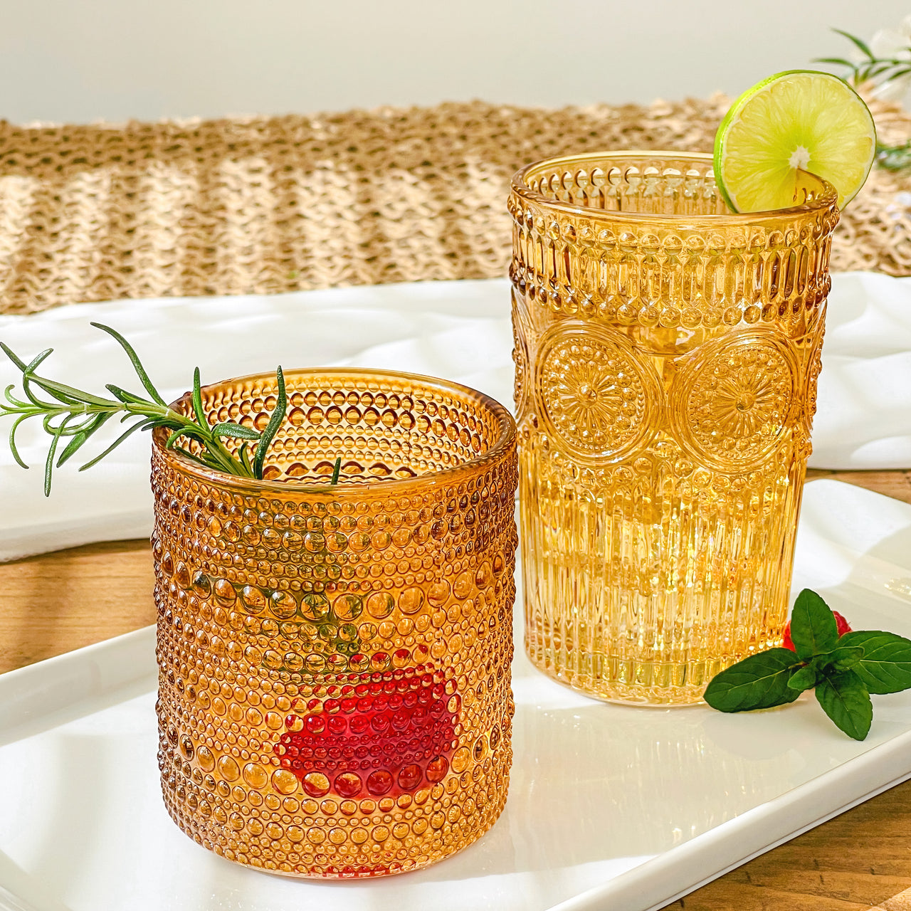 Set of 2 Vintage Drinking Glasses Brown Embossed Leafs MCM Boho Decor Amber