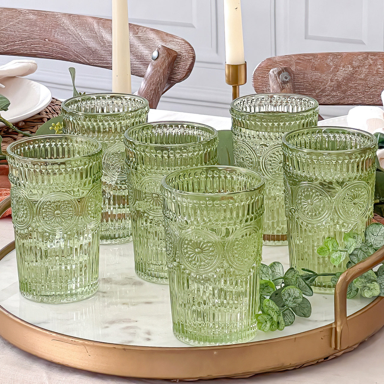 13 oz. Vintage Textured Sage Green Drinking Glass Cups (Set of 6) - Main Image | My Wedding Favors