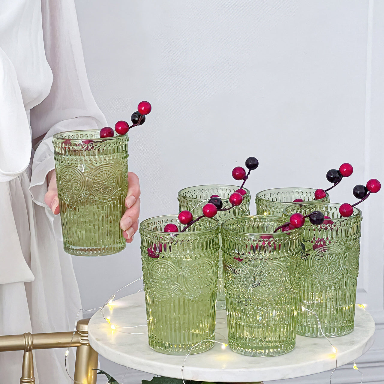 13 oz. Vintage Textured Sage Green Drinking Glass Cups (Set of 6) - Alternate Image 3 | My Wedding Favors