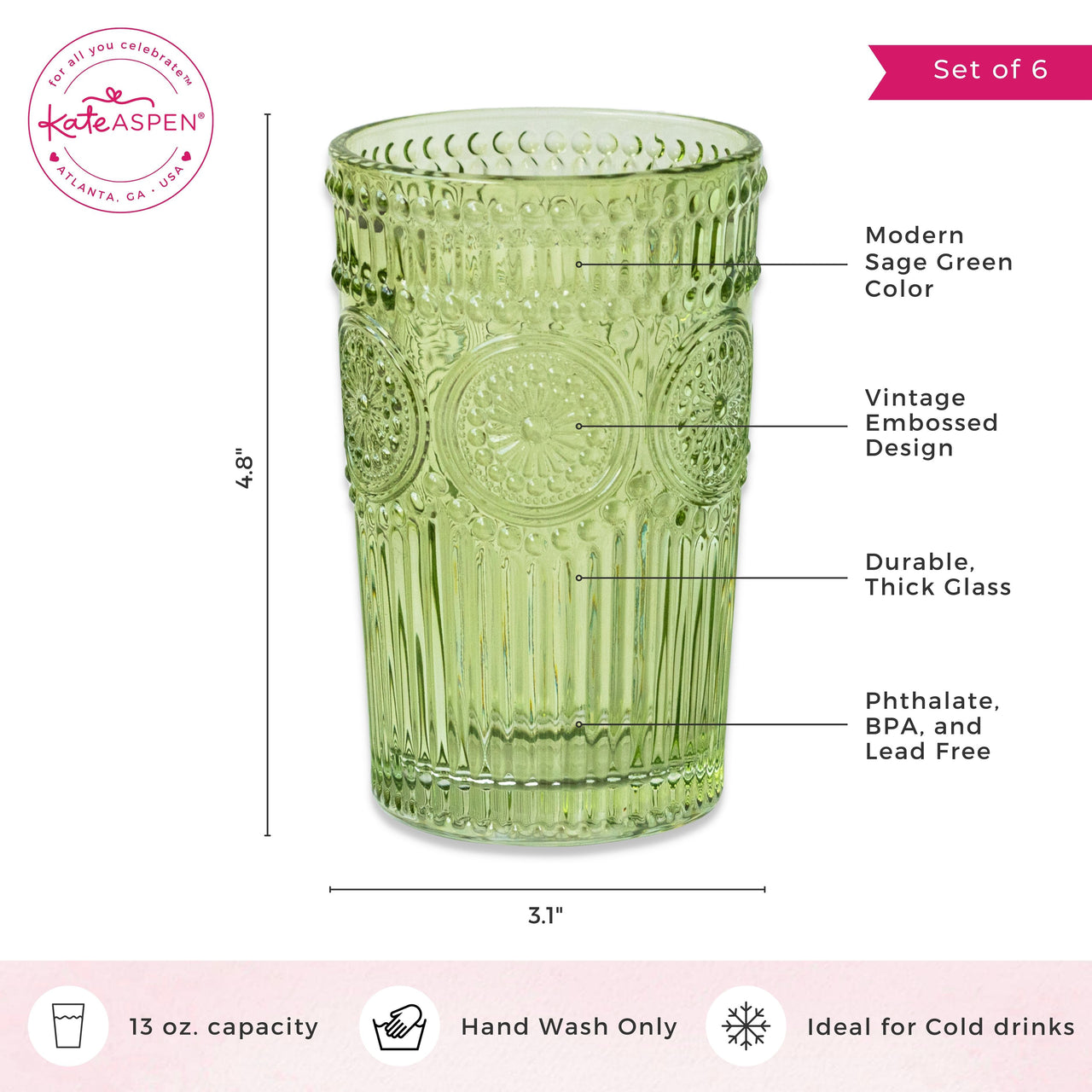 13 oz. Vintage Textured Sage Green Drinking Glass Cups (Set of 6) - Alternate Image 6 | My Wedding Favors
