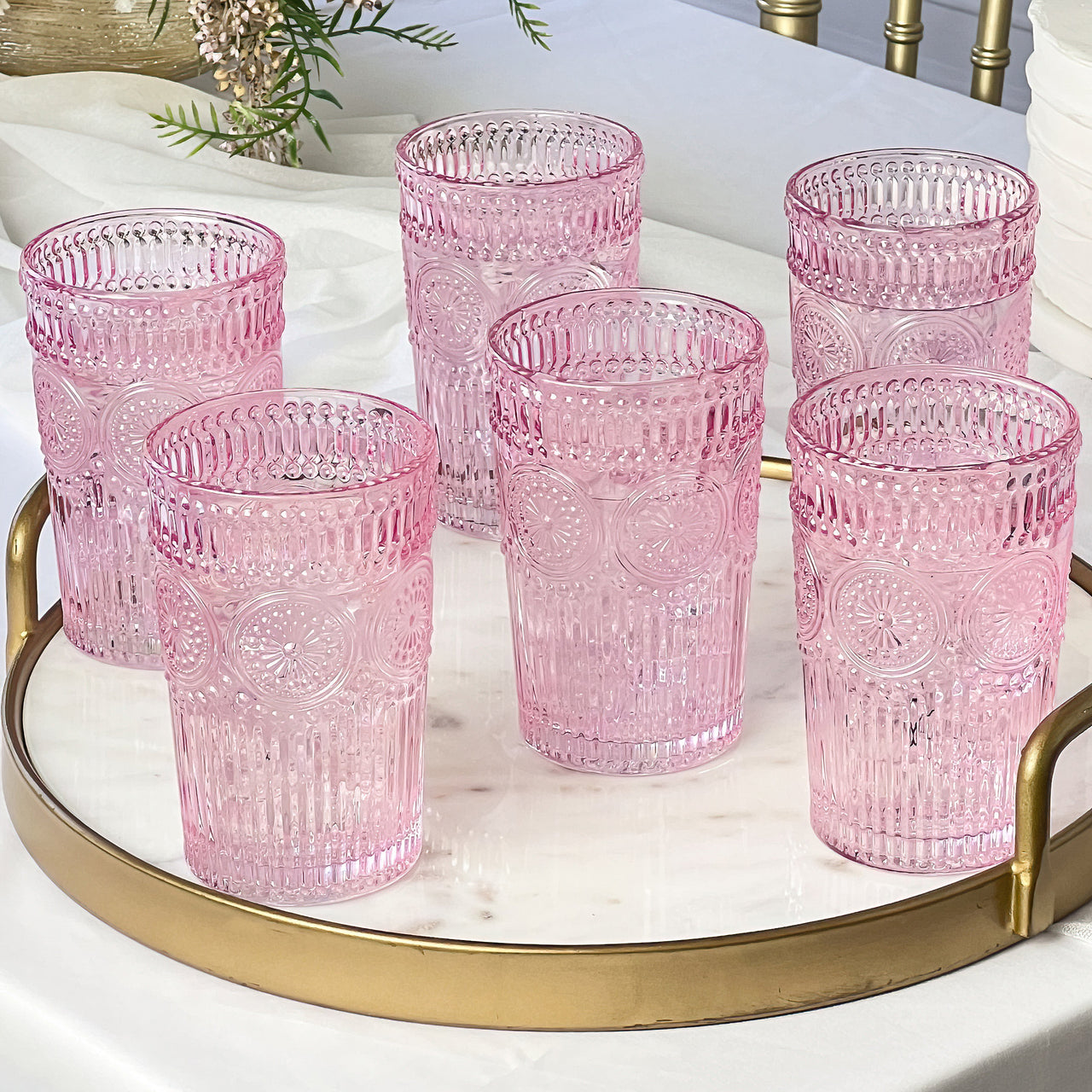 13 oz. Vintage Textured Pink Drinking Glass Cups (Set of 6) - Main Image | My Wedding Favors