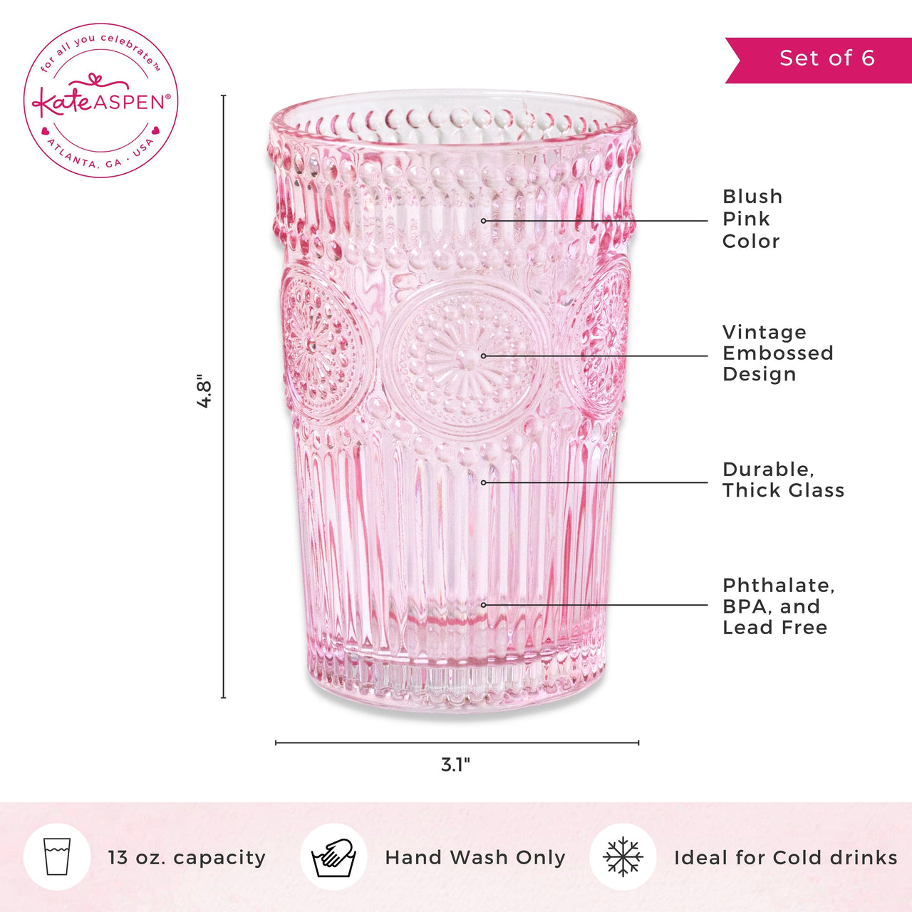 13 oz. Vintage Textured Pink Drinking Glass Cups (Set of 6) - Alternate Image 6 | My Wedding Favors