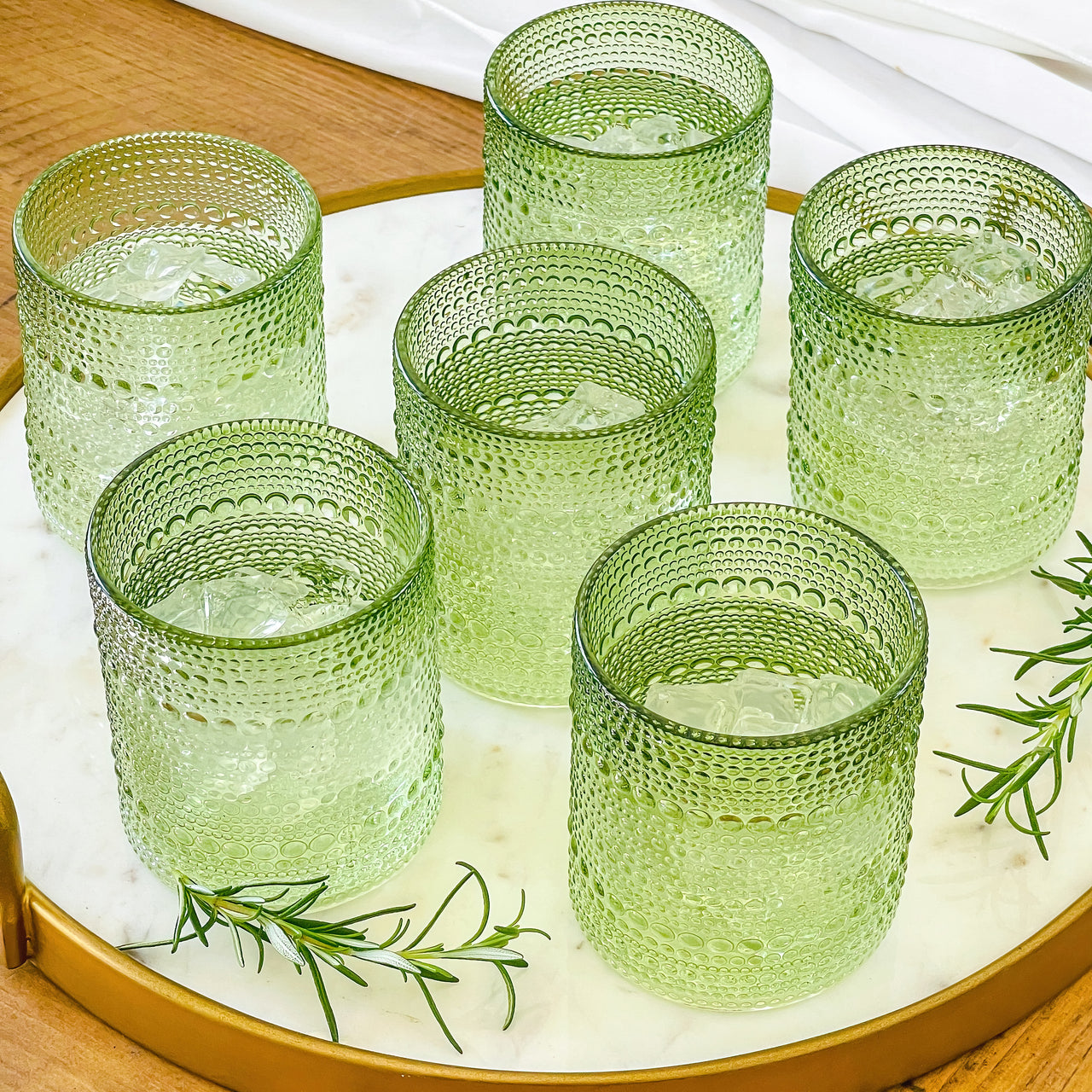 Vintage Textured Sage Green Striped Drinking Glasses Set of 24, (13 oz)  Ribbed Glassware with Flower Design