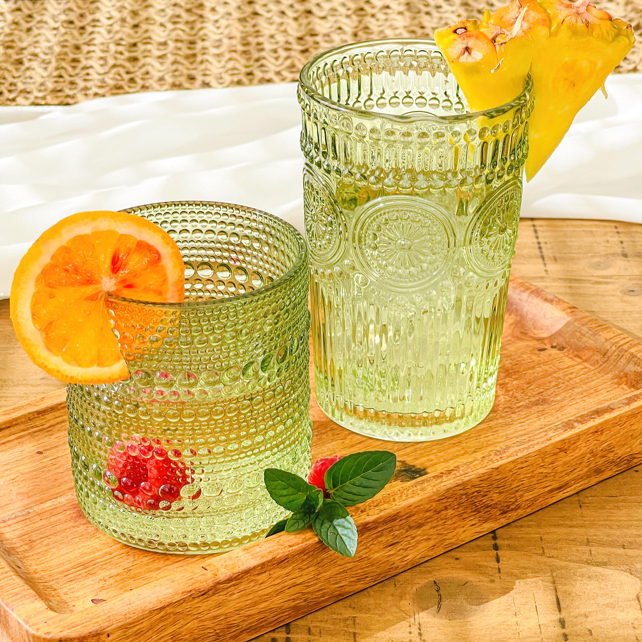 10 oz. Textured Beaded Sage Green Old Fashion Drinking Glasses (Set of 6)