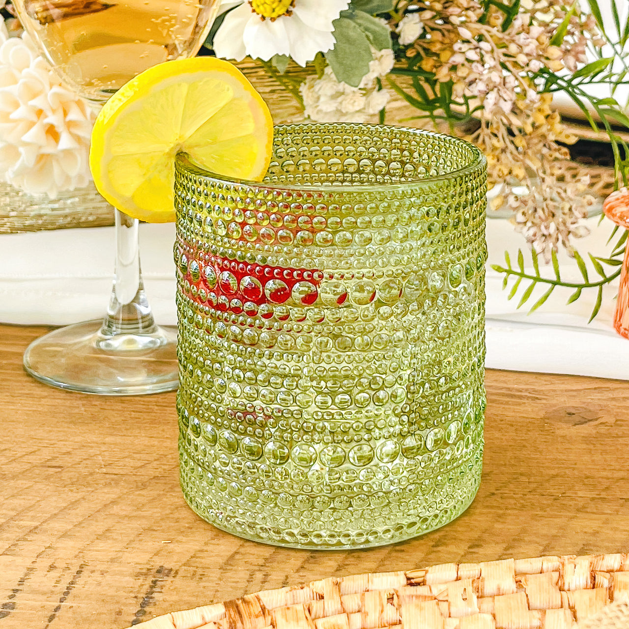 10 oz. Textured Beaded Sage Green Old Fashion Drinking Glasses (Set of 6)