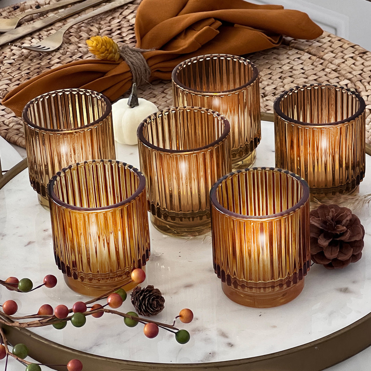 Ribbed Amber Glass Votive Candle Holder (Set of 6) - Main Image | My Wedding Favors