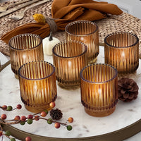 Thumbnail for Ribbed Amber Glass Votive Candle Holder (Set of 6) - Main Image | My Wedding Favors