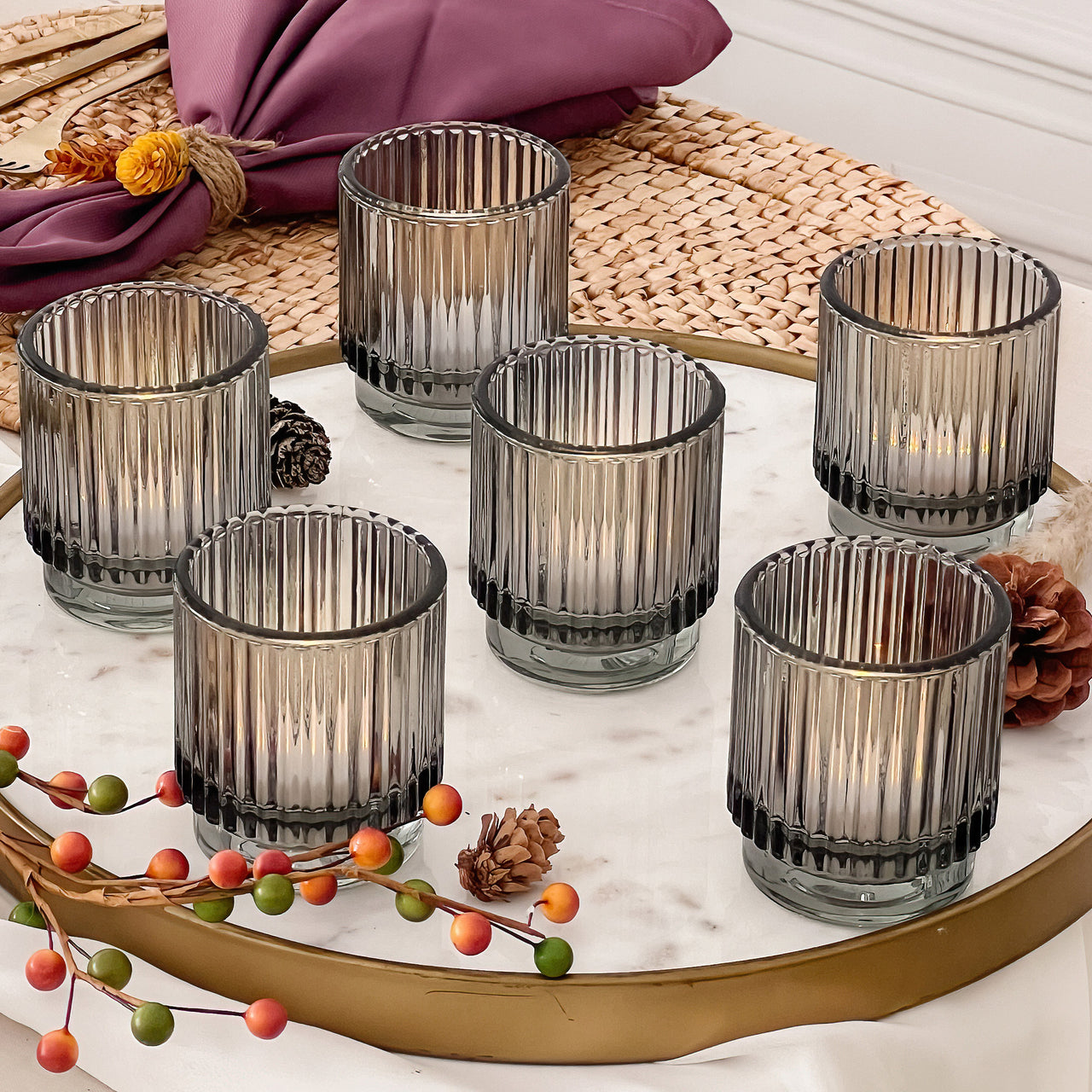 Ribbed Smoke Gray Glass Votive Candle Holder (Set of 6) - Main Image | My Wedding Favors