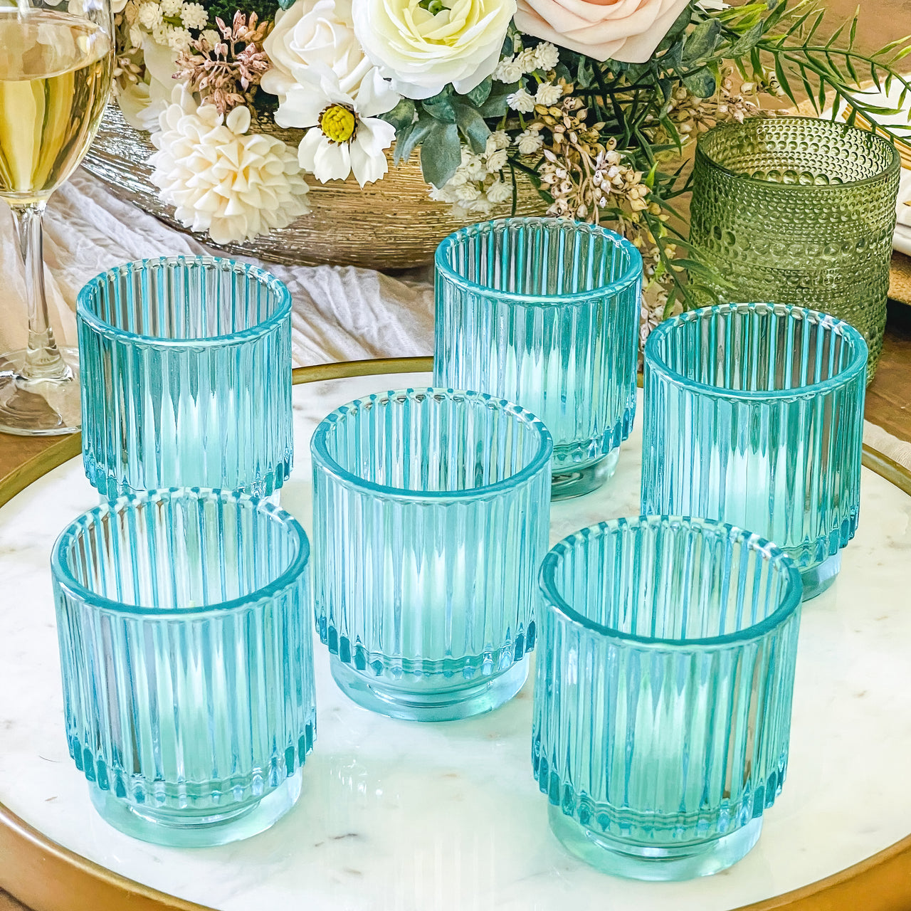 Ribbed Blue Glass Votive Candle Holder (Set of 6)