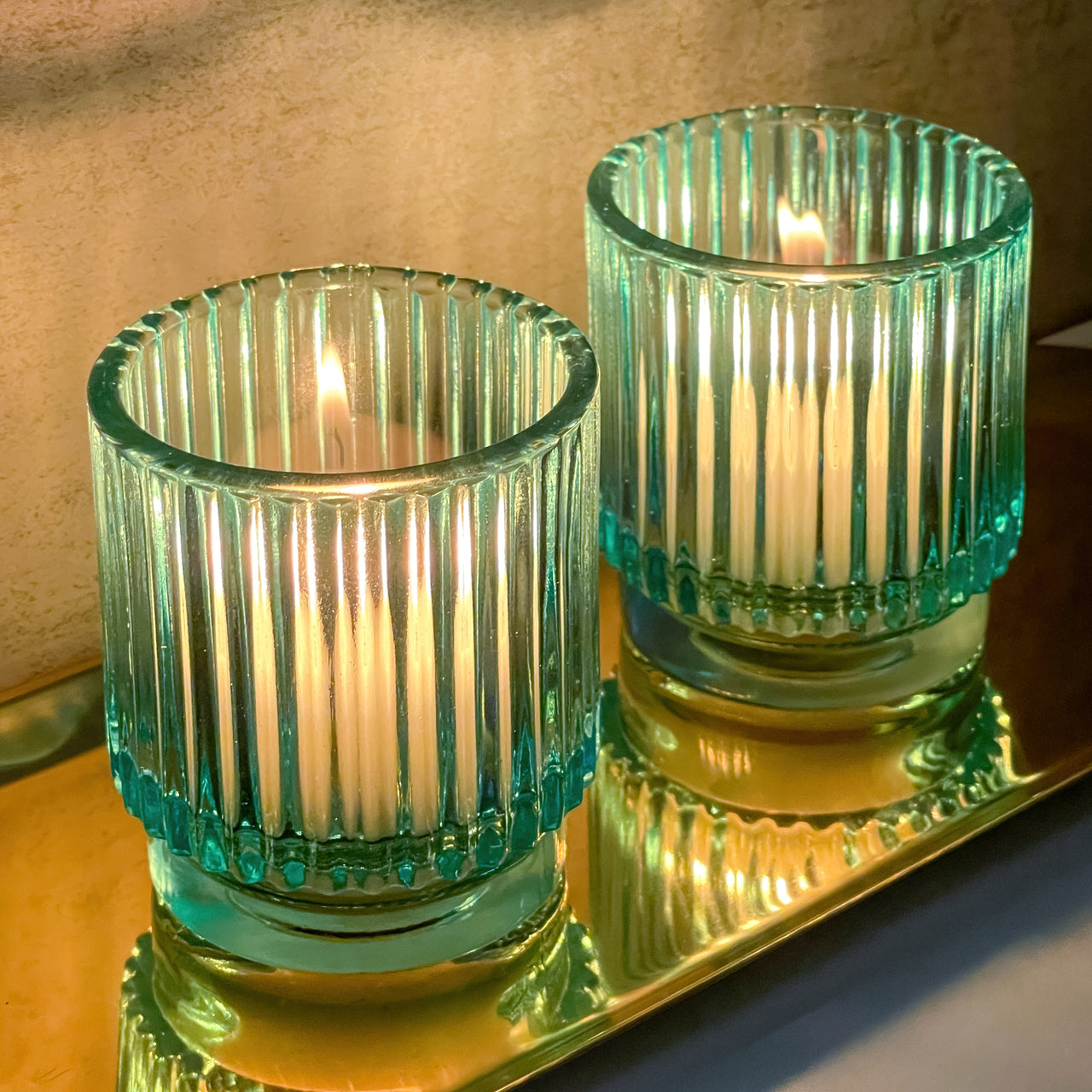 Ribbed Blue Glass Votive Candle Holder (Set of 6)