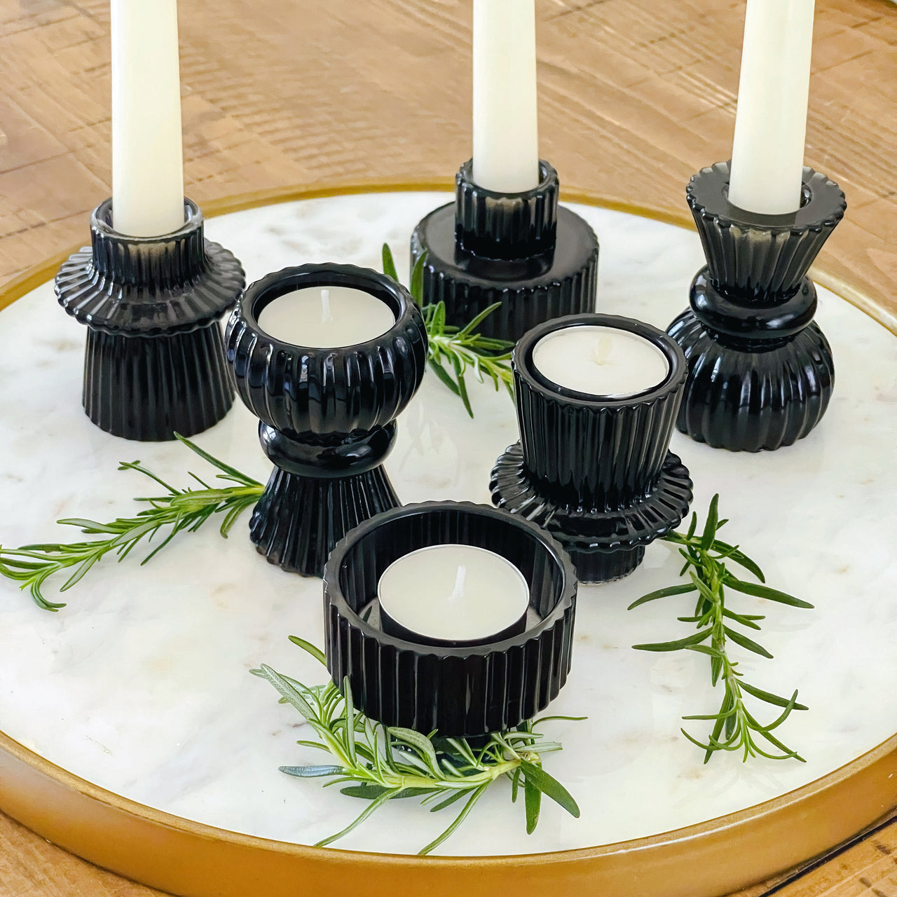 Vintage Ribbed Black Glass Candle/Candlestick Holders Set of 6 - Assorted | Main Image, My Wedding Favors | Tealight/Votive Holder