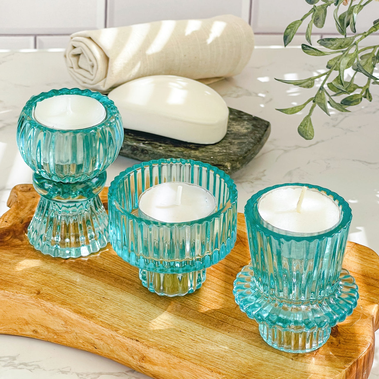 Vintage Ribbed Blue Glass Candle/Candlestick Holders Set of 6 - Assorted | Alternate Image 3 My Wedding Favors | Tealight/Votive Holder