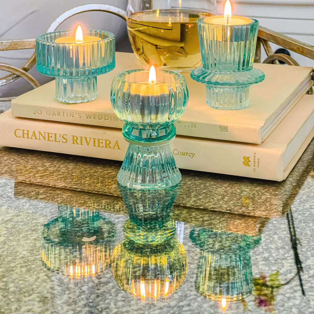 Vintage Ribbed Blue Glass Candle/Candlestick Holders Set of 6 - Assorted | Alternate Image 4 My Wedding Favors | Tealight/Votive Holder