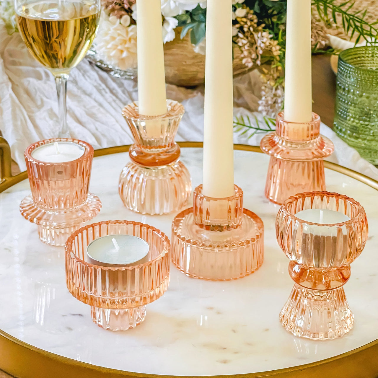 Vintage Ribbed Glass Rose Gold Candle/Candlestick Holders Set of 6 - Assorted | Main Image, My Wedding Favors | Tealight/Votive Holder