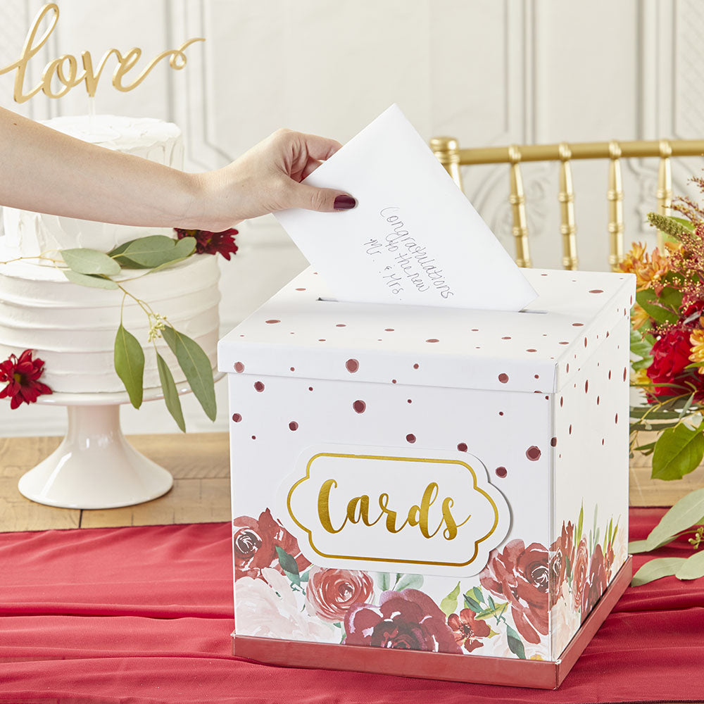 Burgundy Blush Floral Collapsible Card Box - Main Image | My Wedding Favors