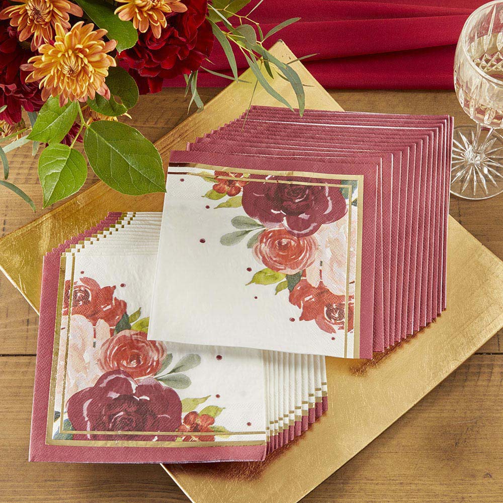 Burgundy Blush Floral 2 Ply Paper Napkins (Set of 30) - Main Image | My Wedding Favors