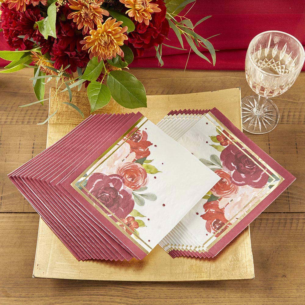 Burgundy Blush Floral 2 Ply Paper Napkins (Set of 30) - Alternate Image 5 | My Wedding Favors