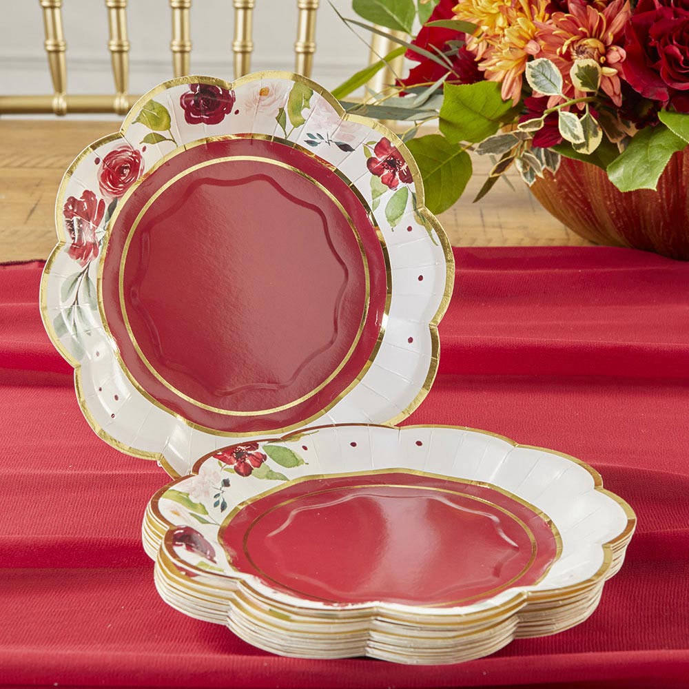 Burgundy Blush Floral 7 in. Premium Paper Plates (Set of 16) - Alternate Image 4 | My Wedding Favors