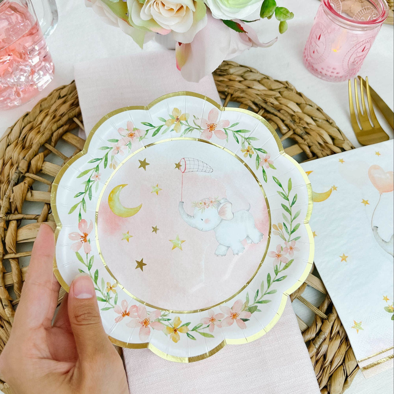 Pink Elephant Baby Shower 7 in. Premium Paper Plates (Set of 16) - Alternate Image 5 | My Wedding Favors