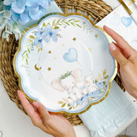 Thumbnail for Blue Elephant Baby Shower 9 in. Premium Paper Plates (Set of 16) - Main Image | My Wedding Favors