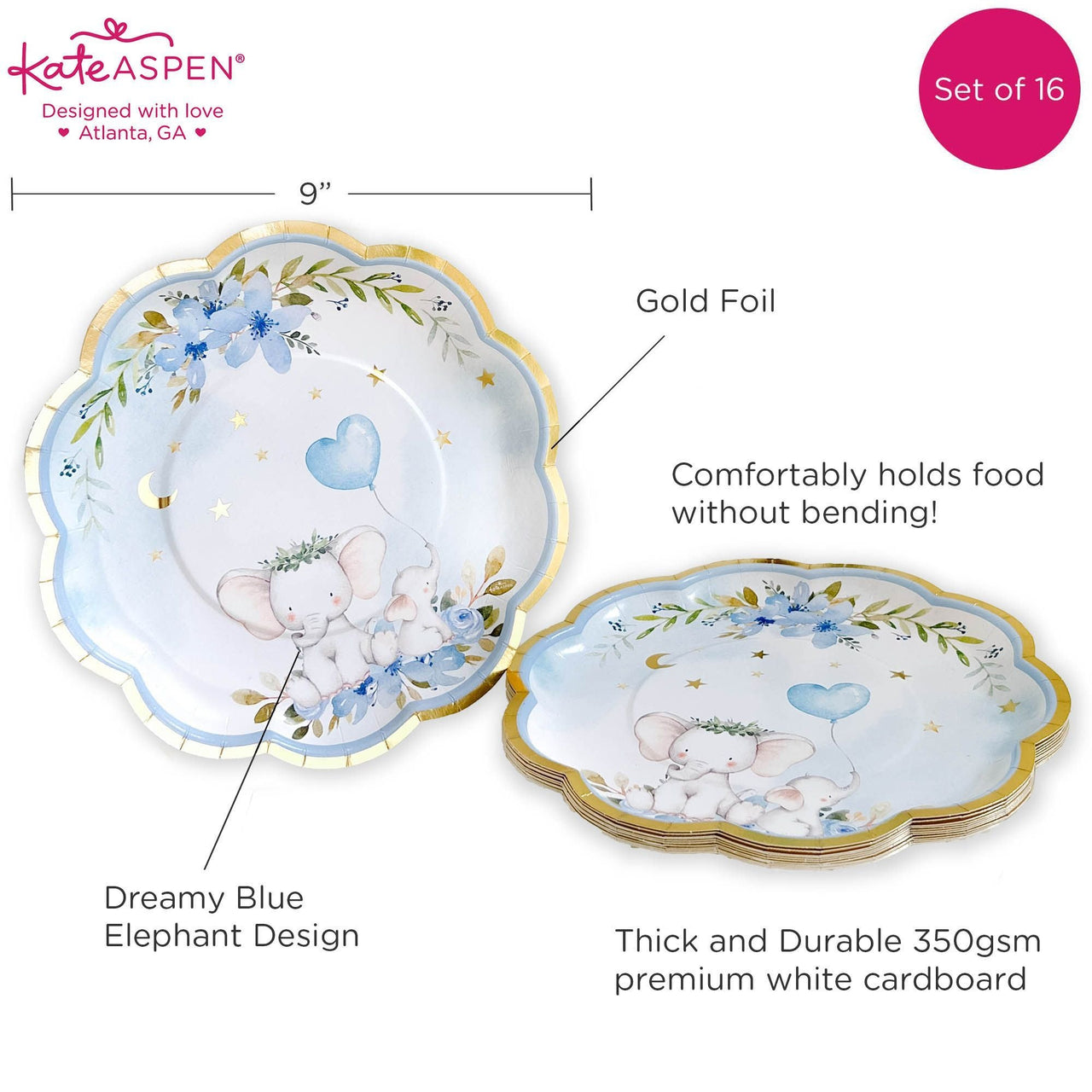 Blue Elephant Baby Shower 9 in. Premium Paper Plates (Set of 16) - Alternate Image 6 | My Wedding Favors