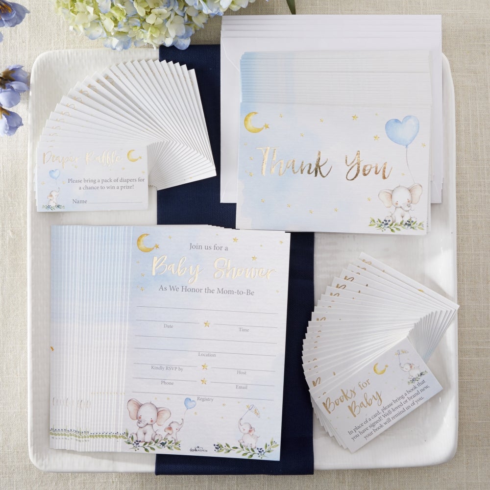 Blue Elephant Baby Shower Invitation & Thank You Card Bundle (Set of 25) - Main Image | My Wedding Favors
