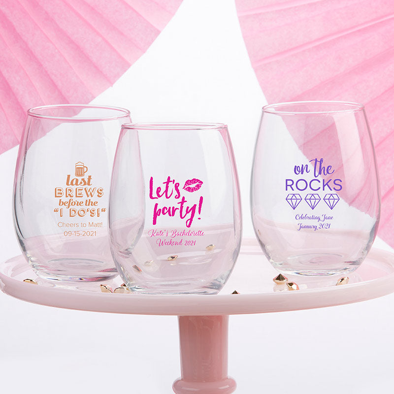 Personalized 9 oz. Stemless Champagne Glass - Wedding