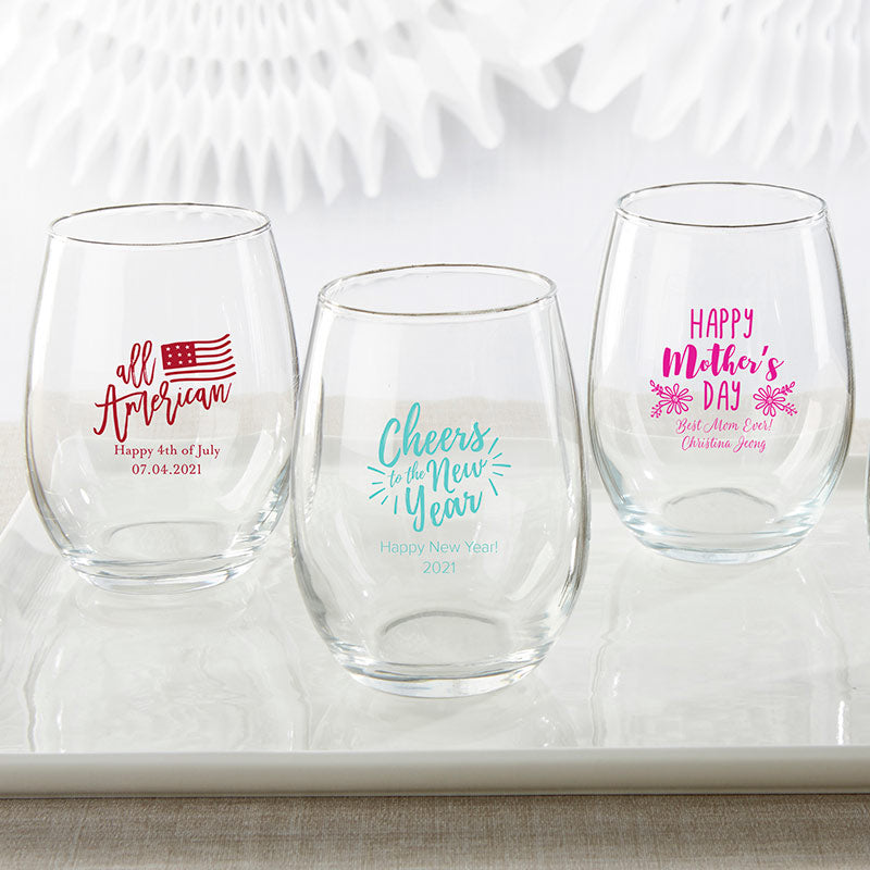 Personalized 9 oz. Stemless Champagne Glass - Wedding