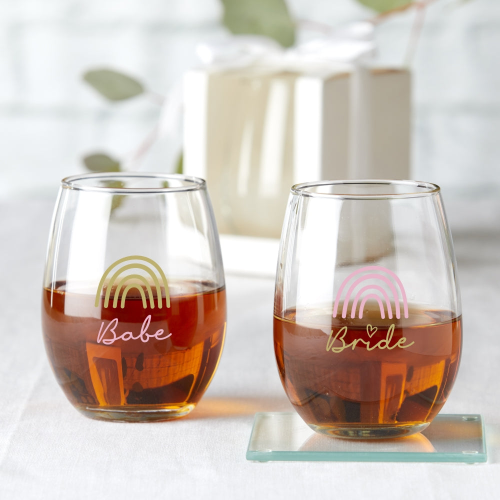 15 oz. Stemless Wine Glass - Boho Rainbow Bride & Babe (Set of 4)