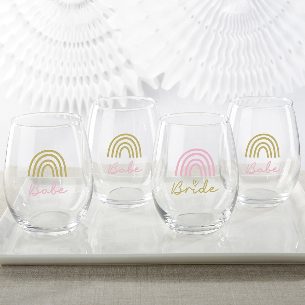 15 oz. Stemless Wine Glass - Boho Rainbow Bride & Babe (Set of 4)
