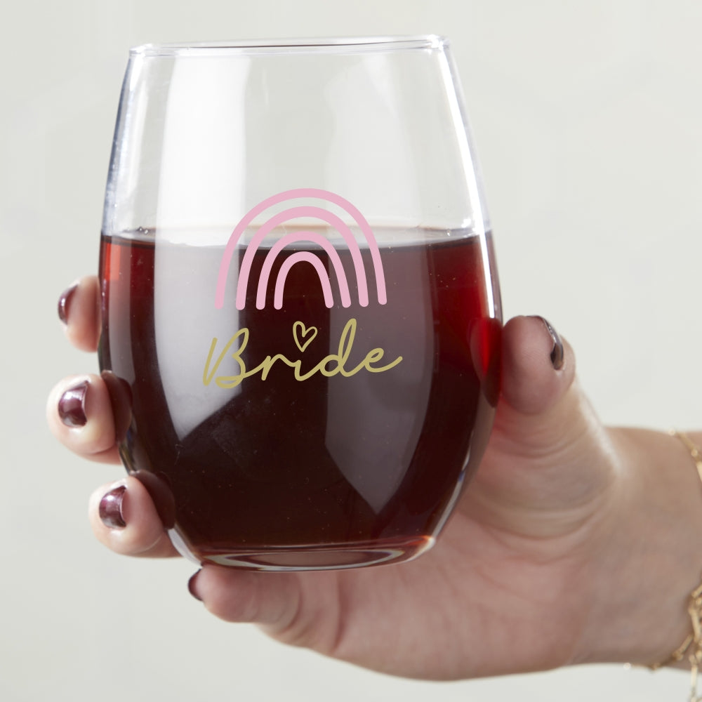 15 oz. Stemless Wine Glass - Boho Rainbow Bride & Babe (Set of 4)