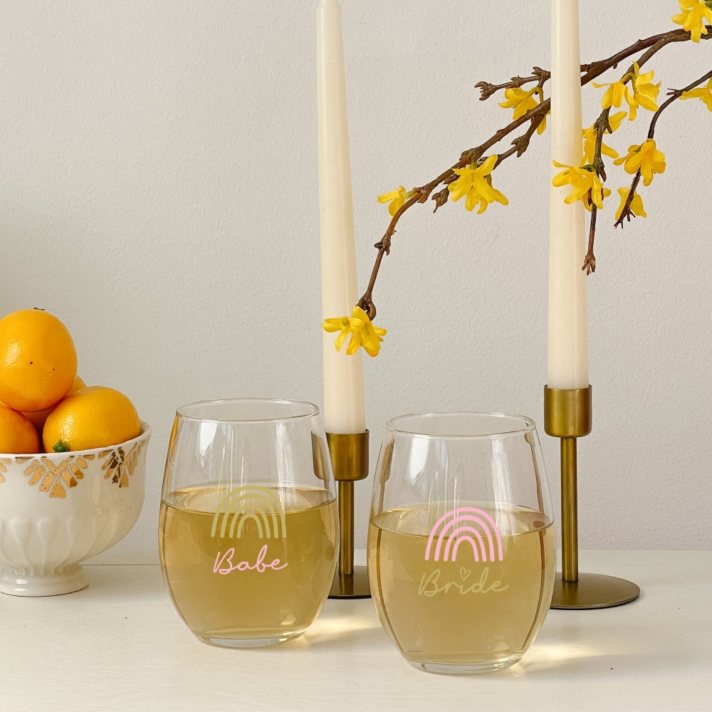 15 oz. Stemless Wine Glass - Boho Rainbow Bride & Babe (Set of 4)
