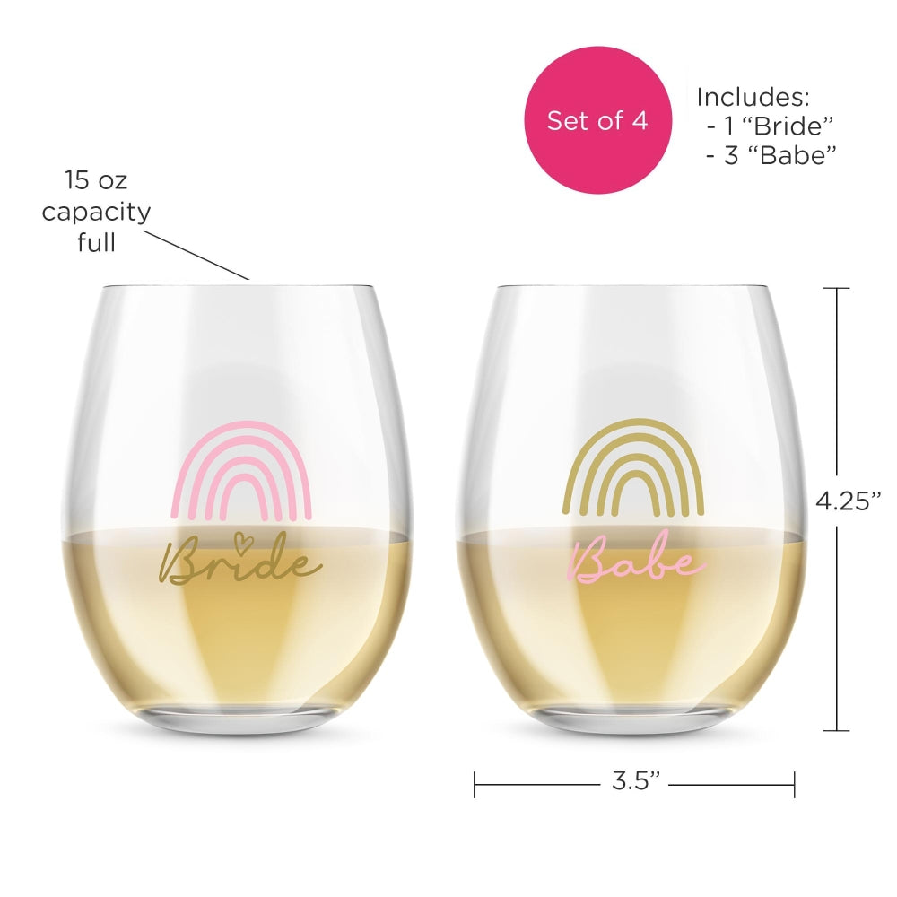 15 oz. Stemless Wine Glass - Boho Rainbow Bride & Babe (Set of 4)