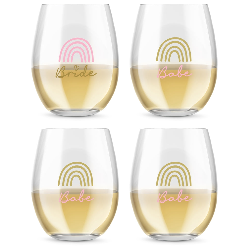15 oz. Stemless Wine Glass - Boho Rainbow Bride & Babe (Set of 4)